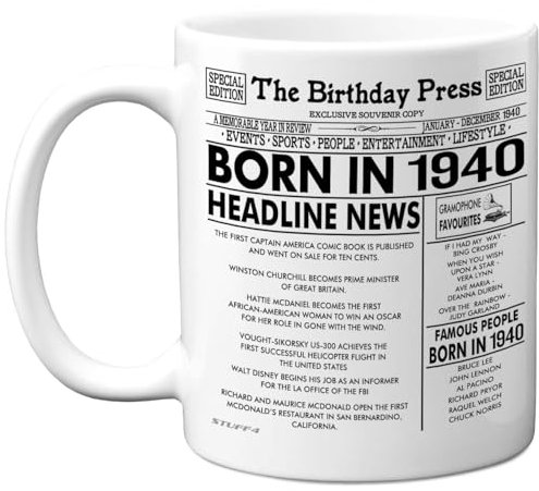 Stuff4 85th Birthday Mug Gift for Men Women - Born in 1940 Newspaper - Happy 85 Birthday Gifts for Grandad Grandma Nan Vintage Retro Back in 1940 Age Eighty-Five Bday, 11oz Ceramic Coffee Mugs