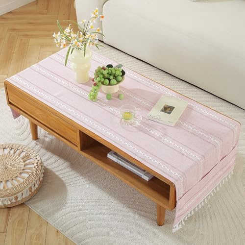 Cotton Linen Rectangular Tablecloth for Living Room - Simple TV Cabinet Mat, Coffee Tablecloth with Pockets, Tassel Fringe Cover for Tea Table Dining Hall Fridge Top Cover (Rose Pink,50x140cm)