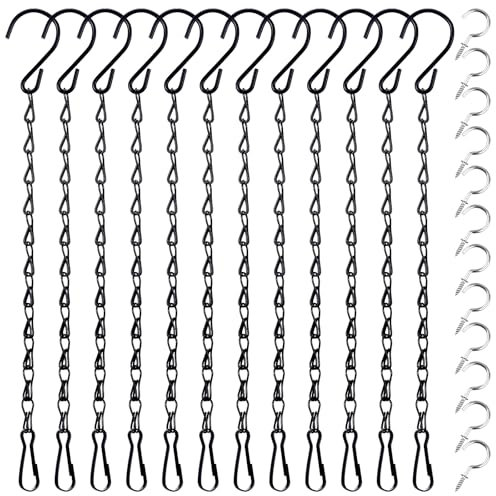 Yolev 12Pcs Hanging Basket Chains Black Chains for Hanging Baskets with 12pcs Ceiling Hooks Metal 9.5 Inch Replacement Chain for Bird Feeders Planters Lanterns Wind Ornaments Outdoor Indoor Use