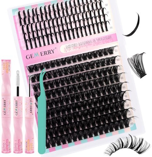 GEMERRY Extension Cils Kit Faux Cils 80D Spikes Extension de Cils Bouquet Cils individuel Cils Manga D Curl 12-21mm avec Colle et Scellements Applicateur Pince DIY Kit Faux Cils(Manga-80D-Set)