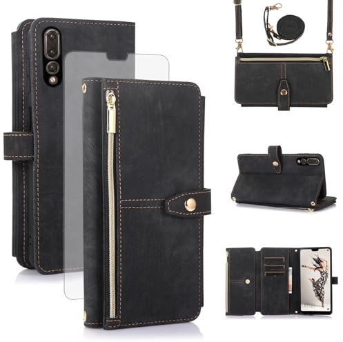 Asuwish Handyhülle für Huawei P20 Pro Hülle mit Band Folie Schutzfolie Kartenfach Klappbar Leder Geldbörse Ständer Hawaii P 20 20Pro CLT-L29 CLT-L09 Wallet Handy Hüllen Schutzhülle Phone Case Schwarz