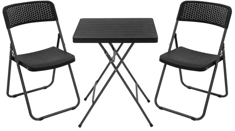 ECD Germany Bistroset 3 teilig, Schwarz, Stahl & Rattan-Optik, Gartenmöbel Set klappbar, Sitzgruppe mit 2 Klappstühlen & 1 Klapptisch, Balkonset 2 Personen, Wetterfest & UV-beständig, Balkonmöbel Set