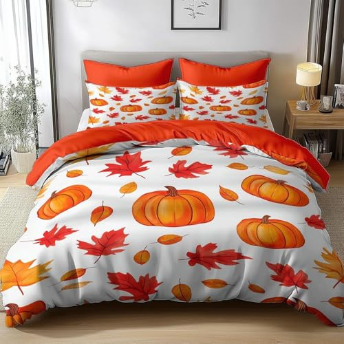 PUOJIEAT Bettwäsche 135x200 Kürbis/Ahornblatt Weich Mikrofaser Bettwäsche-Sets Wendbarer Herbst Bettbezug mit 1 x Kissenbezug 80x80 cm 3D Bettzeug Set e.8131