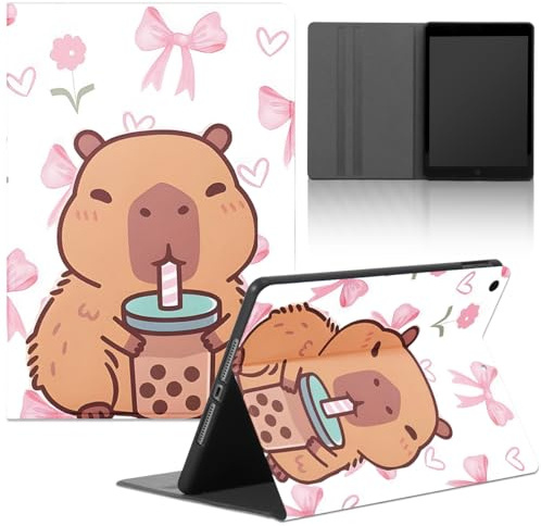 Tablet Hülle für iPad 9,7 6./5. Generation 2018/2017, PU Leder Flip Silicone TPU Cover mit Niedlich Anime Cartoon Cute Capybara Muster Kawaii Case Verstellbar Stoßfest Ständer Tablet Case, Milchtee