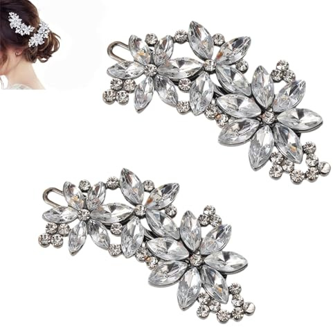 2PCS Sparkly Silver Hair Clips for Women,Flower Design Diamante Hair Pins,Wedding Hair Accessories,Elegant Bridesmaid Party Gift for Prom,Birthday,Daily Wear,Diamante Hair Accessories,Silver Hair Clip