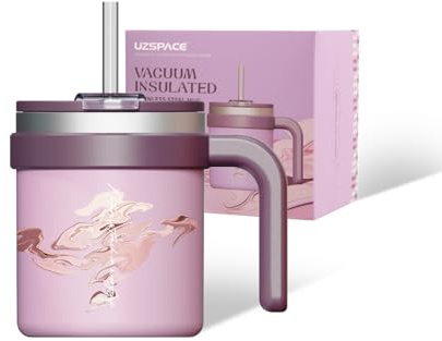 UZSPACE Taza Térmica Café 500ml con Pajita, Vaso Térmico con Tapa y Asa | Doble Aislamiento para té o café, Mantiene Temperatura 4-6h, Taza Termo de Doble Pared para Hogar y Oficina, Lila-Arte