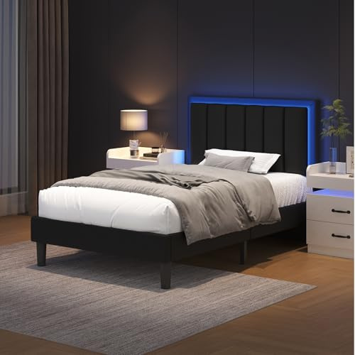 HOMBCK Single Bed Frame with LED Lights,Black 90x190 | Adjustable Headboard, Upholstered Bed Frame, Easy Assembly, No Box Spring Needed