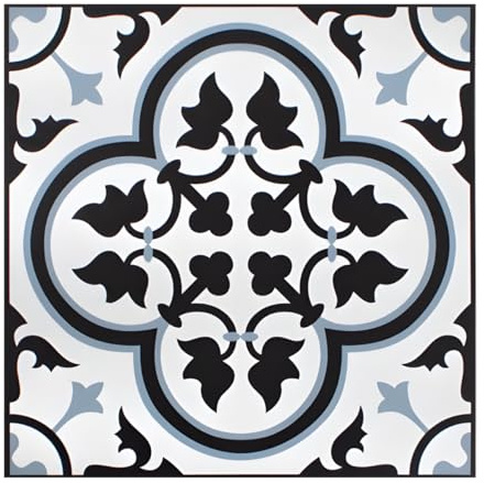 Pack of 48 Mediterranean Blue, Black & White Vinyl Floor Tiles Peel & Stick 1ft x 1ft, Geometric Mosaic Damask Design, Easy-Fit Flooring for Kitchens, Bathrooms, Living Rooms & Hallways Self Adhesive