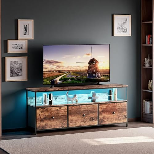 JYNVO Mueble de TV con iluminación LED y 3 cajones, patas ajustables en altura, armario bajo retro para televisores de hasta 40-43 pulgadas, mueble de TV con espacio para sala de estar o cine en casa