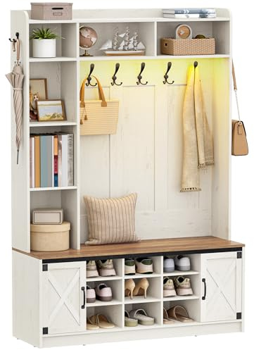 Hzuaneri Garderobenständer mit Sitzbank, Garderobe mit LED, Weiß-Braun | Kleiderständer, Verstellbare Regalböden, 15 Offene Fächer, 7-Haken, für Eingangsbereich, 40 x 140 x 190 cm, HT24714XEU