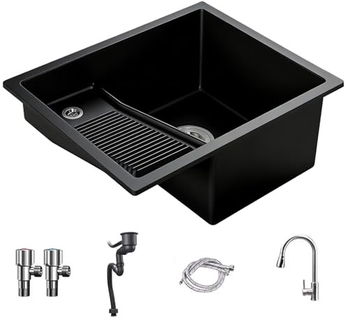 Lavadero Pila Exterior con Tabla de Lavar, Piedra de Cuarzo, Moldura de Una Sola Pieza, Lavabo Baño Empotrado con Grifo Extraíble, para Cuarto de Lavandería(Black)