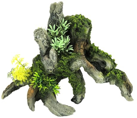 CLASSIC Grey Driftwood with Plants Aquarium Ornament - 287 x 183 x 212 mm | Hand-Painted Resin Decoration for Freshwater Fish Tanks & Aquascapes