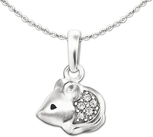 CLEVER SCHMUCK Set Silberner Kleiner Damen Anhänger Mini Maus 9 mm seidenmatt und glänzend mit Zirkonia & Kette Anker 45 cm Sterling Silber 925 in Schmuckverpackung