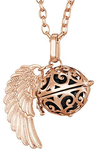 Morella Halskette Damen roségold Edelstahl 70 cm mit roségoldenem Anhänger Engelsflügel und Klangkugel schwarz Ø 16 mm in Schmuckbeutel