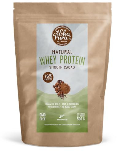 Ekopura Natural Whey Protein - Cocoa - 500g | 76% Protein | 100% Natural Grass Fed Whey| Hormone-Free, GMO-Free, Soy-Free, Additives Free, No Added Sugar | Muscle Growth, Recovery and Retention