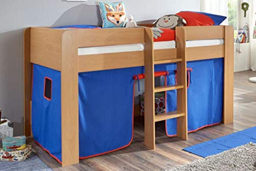 Froschkönig24 Hochbett ANDI 1 Kinderbett Spielbett halbhohes Bett Buche Stoffset Blau/Rot