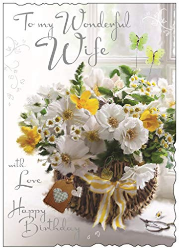 Large Wife Birthday Card - (JJ-V120) - Basket of Flowers - Velvet Range - Embossed, Foil and Flitter Finish