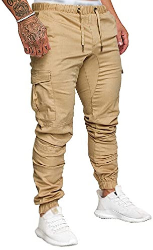 SOMTHRON Herren Elastische Taille Gürtel Baumwolle Jogging Sweat Hosen Plus Size Mode Lange Sports Cargo Hosen Shorts mit Taschen Joggers Activewear Hosen, Khaki, L