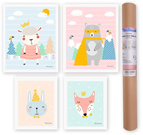 BRUNOKO Poster für das Kinderzimmer - Set von 4 Bildern für Kinderzimmer, geeignet für Jungen und Mädchen - Wanddekoration für das Babyzimmer - Bezaubernde Sammlung von Kinderbildern.