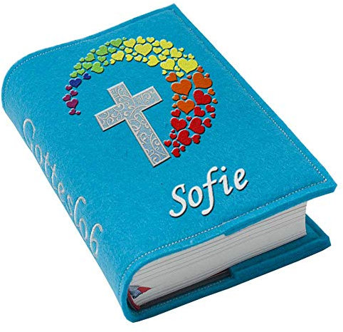 Gotteslob Gotteslobhülle Großdruck Kreuz Herzen Regenbogen Filz mit Namen bestickt hellgrau weiß dunkelgrau lila blaugrau dunkelblau türkis maigrün flieder, Farbe:türkis