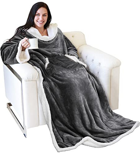 Catalonia Sherpa Wearable Blanket with Sleeves Arms, Super Soft Warm Comfy Large Fleece Plush Sleeved TV Throws Wrap Robe Blanket for Adult Women and Men