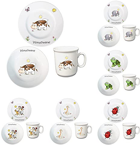 Kindergeschirr personalisiert - Frühstücksservice 3-tlg. Porzellan Teller Becher Schale personalisierbar mit Wunschname Name Frühstücksset mit Namen personalisiert (Kuh)