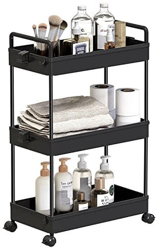 SOLEJAZZ Rollwagen, Küchenwagen mit 3 Ebenen, Mobiler Aufbewahrungsregal-Organizer für Küche, Bad, Waschküche, Schlafzimmer, schmale Plätze, Kunststoff,mit Griffen, 22 x 40 x 61 cm,Schwarz