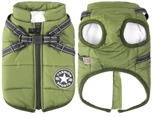 Aiboria Hundejacken für den Winter Winddicht Wasserdicht 2 in 1 Outfit Kaltwettermantel Hundewestengeschirr Welpen Winter Warme Jacke Kleines Grün M