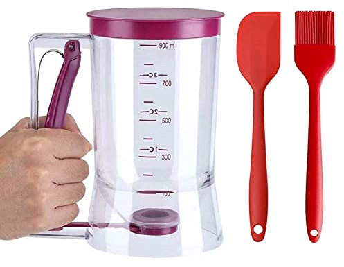Distributeur de pâte à crêpes pour 4 tasses, 900 ml avec étiquette de mesure, support de poignée à presser et brosse alimentaire en silicone pour cupcakes, crêpes, gâteaux ou tout autre produit de
