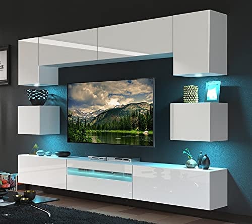 Furnitech Wohnwand Wohnzimmer - Wohnzimmer Möbel mit LED RGB - 16 Farben - Hängend Wohnwand Modern - Wohnzimmer Schrankwand mit Regale und TV Schrank (Besta GAN1-17W-HG21 1B)