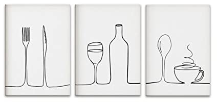 ZHONGYUTONG Minimalistisches Wandbild für die Küche 3-teilig Messer Gabel Löffel Tasse Weinlinie Wanddekoration Schwarz Weiß Leinwanddruck Poster Esszimmer Gemälde (40x60cm Kein Rahmen)