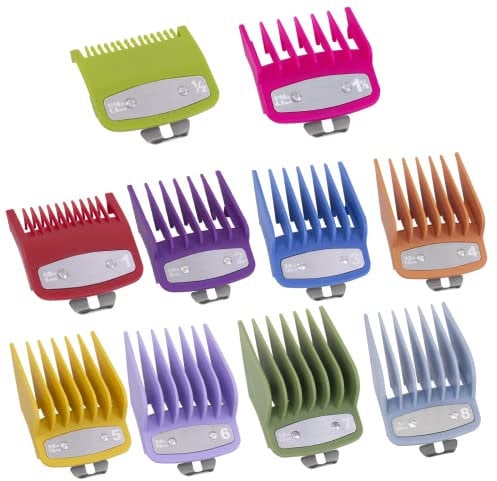 BESTBOMG 10 Aufschiebekämme Kammführung Kompatibel mit Wahl Haarschnittzubehör, Edelstahl Aufsteckkamm-Set Farbiger Limit Kämme Führungskamm Trimmer Aufsätze, 45.5mm B x 38.5mm H (Farbiger)