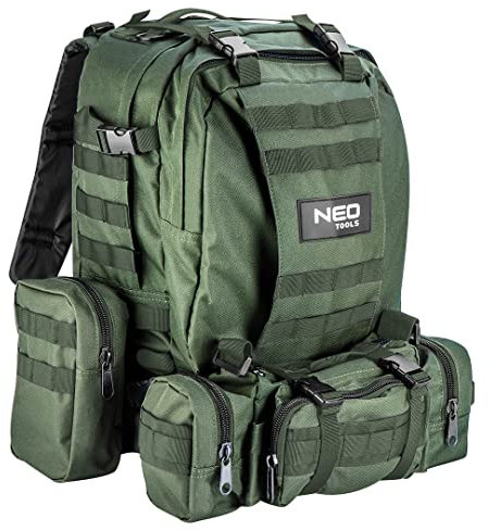 NEO TOOLS Überlebensrucksack 84-326, Fassungsvermögen 40 Liter, 4in1, Farbe Dunkelgrün, Verstellbare Seitengurte, 2 Taschen, Polyester 600D