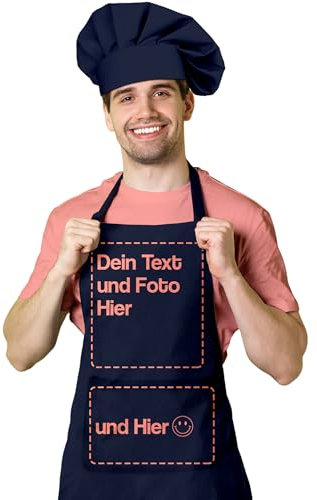 BLAK TEE — Schürze Personalisiert mit Ihrem Foto und Text Wunschmotiv — Kochschürze Selbst Gestalten — Personalisierte Geschenke für Männer und Damen — Verstellbarer Kragen und Vordertasche — Blau