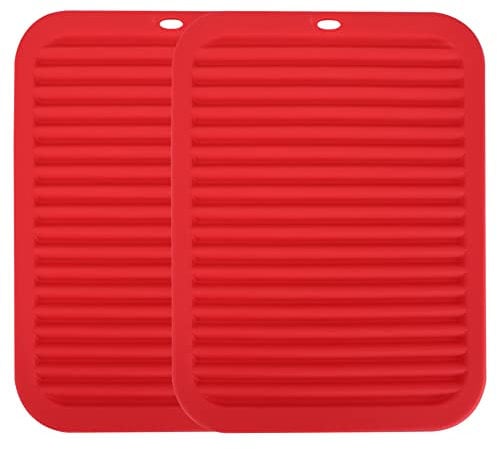 Silicone Mats For Worktops, Set of 2 Heat Mats For Kitchen, Hot Pot Holder Pad, Premium Silicone Heat Resistant Table Mat 23x30cm (Red)