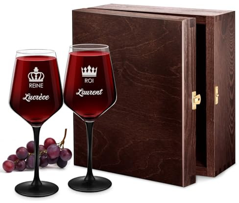Maverton Ensemble de 2x Verre a vin pour Couples - Verres gravés pour mariage 370 ml - Verres à pied noir pour jeunes mariés - Souvenir Mariage - Cadeau Personnalisé - Cadeau Couple - Royaume
