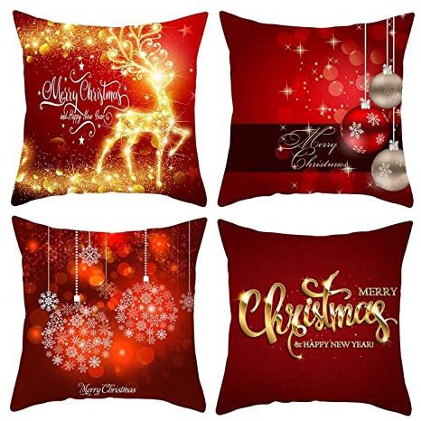 Dsnyu 4er Set Kissenhülle Xmas, Hirsch Schneeflockenkugeln Dekokissenhülle Polyester, Kastanienbraun Kissenbezug mit Weihnachtsmotiv für Bett Deko 45x45cm