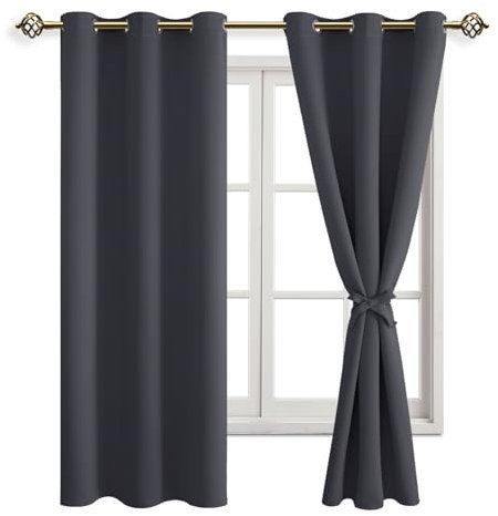 JIUZHEN Vorhang Blickdicht mit Raffhalter Kurz Verdunkelungsvorhänge Thermogardine Ösen Gardinen Ösenvorhang für Schlafzimmer Wohnzimmer, Dunkelgrau, 2 Stück, 137x117cm(HxB)