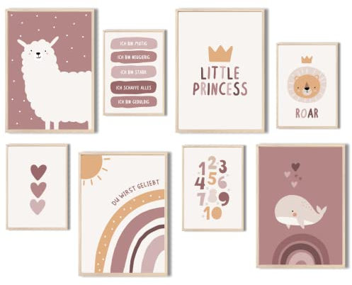 MeinBaby123® Poster Kinderzimmer | 8er Set DIN A4 & DIN A5 Poster Set | Wandbilder | Deko Bilder Kinderzimmer | Boho | Babyzimmer Deko | Wandposter Premium (Alpaka & Freunde rosa 8er Set)