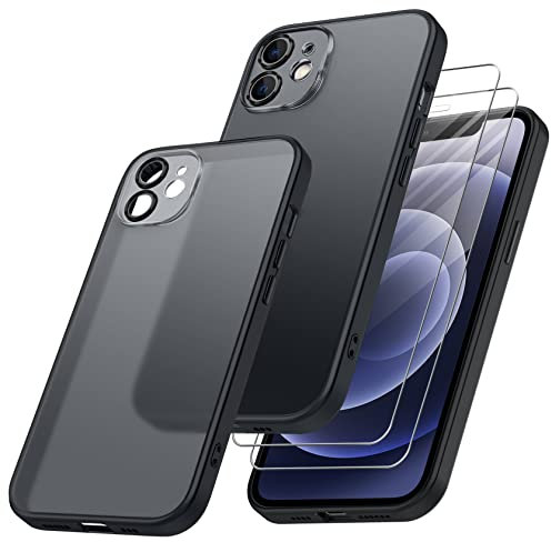 Qasyfanc Matt Handyhülle Kompatibel mit iPhone 12, Hülle mit Kameraschutz und 2 Stück Schutzfolie, Hard PC Nie Vergilbung Case Militärschutz Kratzfest rutschfest Schutzhülle, Leicht Klar Schwarz