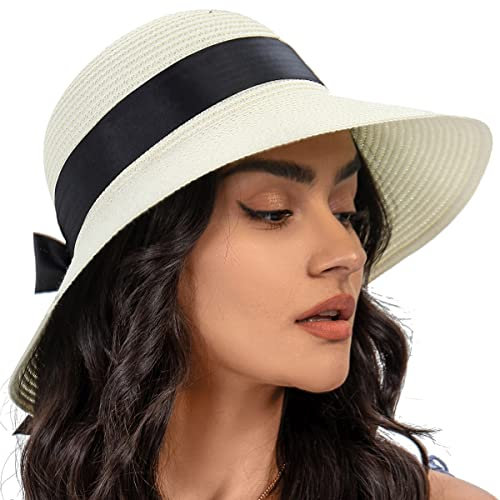 S.ROMZA Chapeau de Paille pour Femme avec Cordon Coupe-Vent à Large Bord Pliable pour la Plage, l'été, Protection UV 50+, Beige, Taille Unique