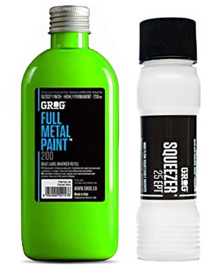 Grog Full Metal Paint & Squeezer 25 EPT - 25mm Mop Marker Gloss Permanent Paint Refill 200ml (Neon Green)