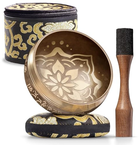Conjunto de Cuenco Tibetano: Fácil de Tocar - Doble Batidor - Hermoso Sonido para la Sanación Holística, Alivio del Estrés, Meditación y Relajación - Patrón de Bienestar - Cuenco Dorado Mate con Bolsa