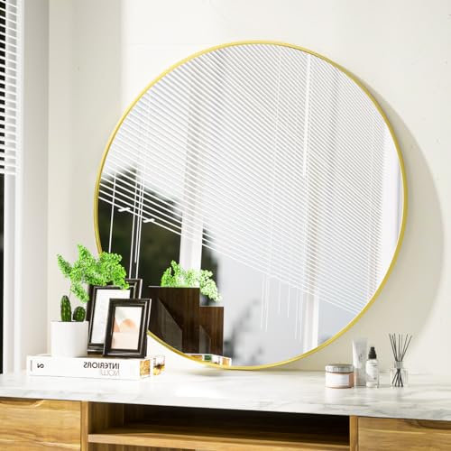 Koonmi 80 cm Specchio rotondo oro specchio da parete con cornice in lega di alluminio per bagno, lavabo, soggiorno, camera da letto, ingresso decorazione da parete