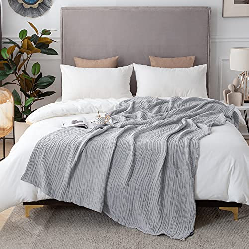 EMME Baumwolldecke 100% Musselin Decke Erwachsene 228 x 228 cm, Sofadecken Atmungsaktive Weiche Groß Decke Alle Jahreszeiten Vorgewaschen Couch Decken Baumwolle Tagesdecke,hellgrau