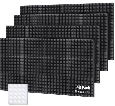 Ohuhu Acoustic Foam Panels 48 Pack with Double Sided Tape, 2x12x12 Sound Proofing Panels Sound Absorption Pyramid Studio Treatment Wall Panels, Acoustic Wall Panels for Studio Office Home