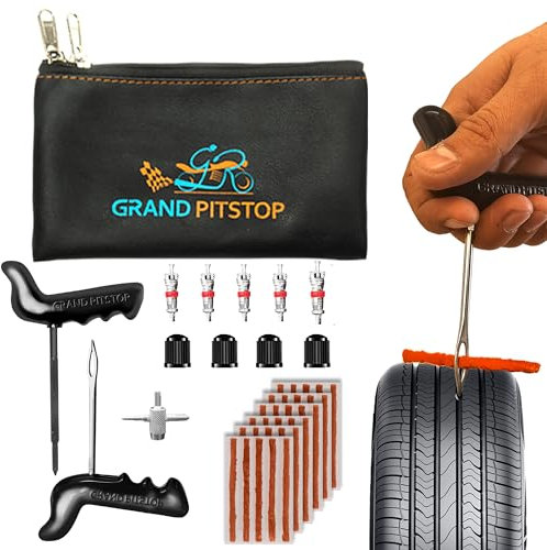 GRAND PITSTOP 42 Pcs Universal Tire Repair Kit, Heavy Duty Car Emergency Tool Kit for Flat Tire Puncture Repair, Compact Kit for Autos, Cars, Motorcycles, Trucks, RVs, etc.(30 Strips)