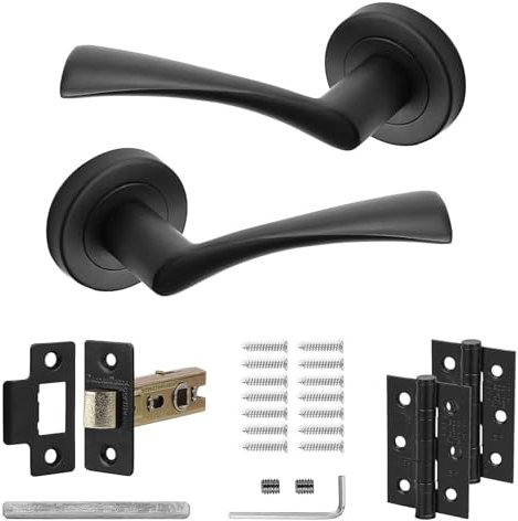 Decoranddecor Apex Matt Black Lever On 54mm Rose Door Handles Internal Curved Design Aluminium - Latch and Hinge Kit