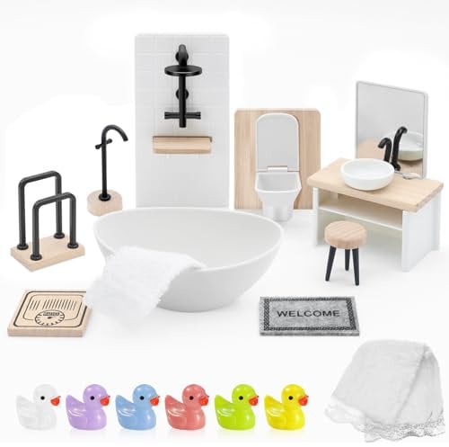 16PCS Miniature Dollhouse Bathroom Furniture Set, Wooden Mini Furniture Doll Room Toilet Bathtub Scene Decorations for Kids Birthday