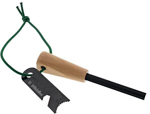 WildeGrillerei Feuerstein Feueranzünder mit Holzgriff | Magnesium Feuerstarter mit Flaschenöffner | Zündstahl für Outdoor, Bushcraft, Camping | extrem starker Funkenflug